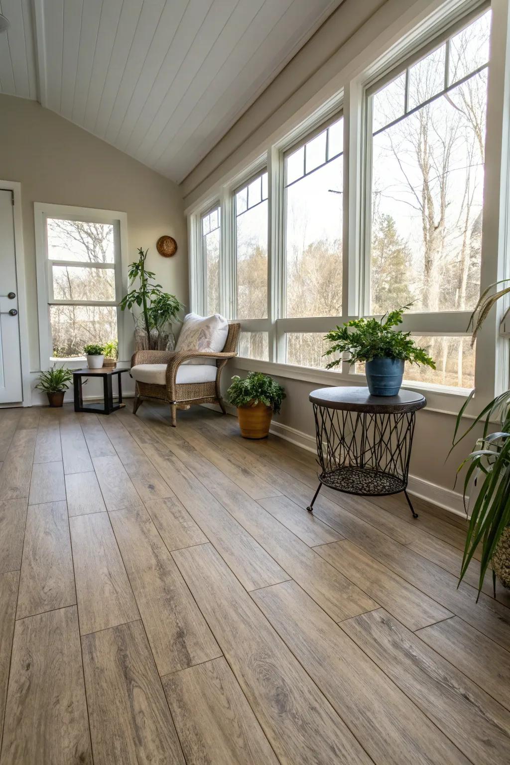 Stylish sunroom with wood-look laminate flooring.