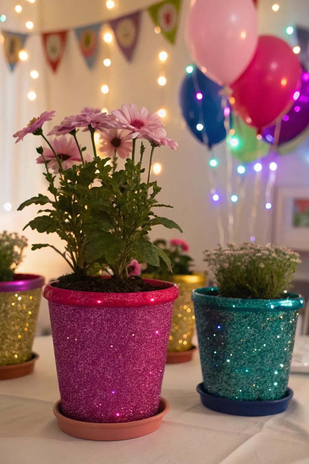 Add sparkle to your decor with glitter-covered flower pots.