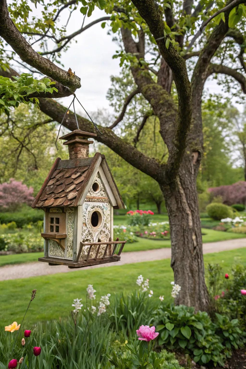 Birdhouses inviting wildlife into the garden.