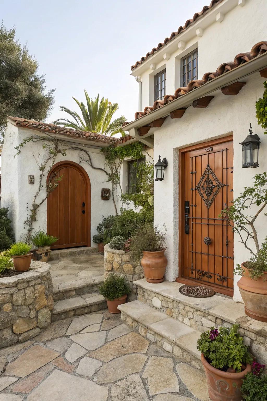 A terracotta door provides warmth and rustic charm.