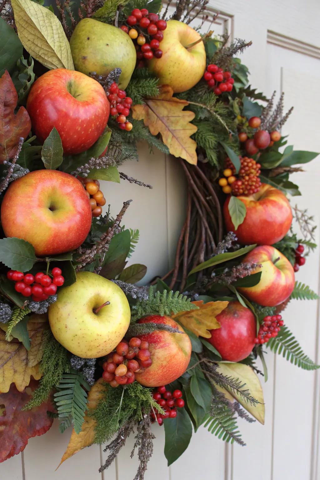 A fruit and foliage wreath bringing a natural abundance to your door.