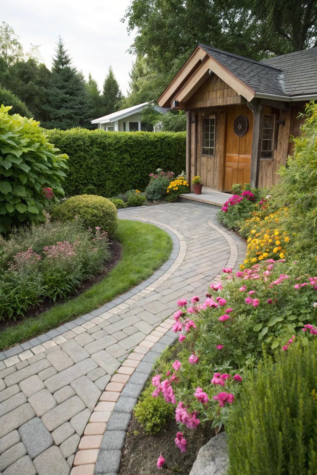 Curved pathways add a graceful flow to your entrance.