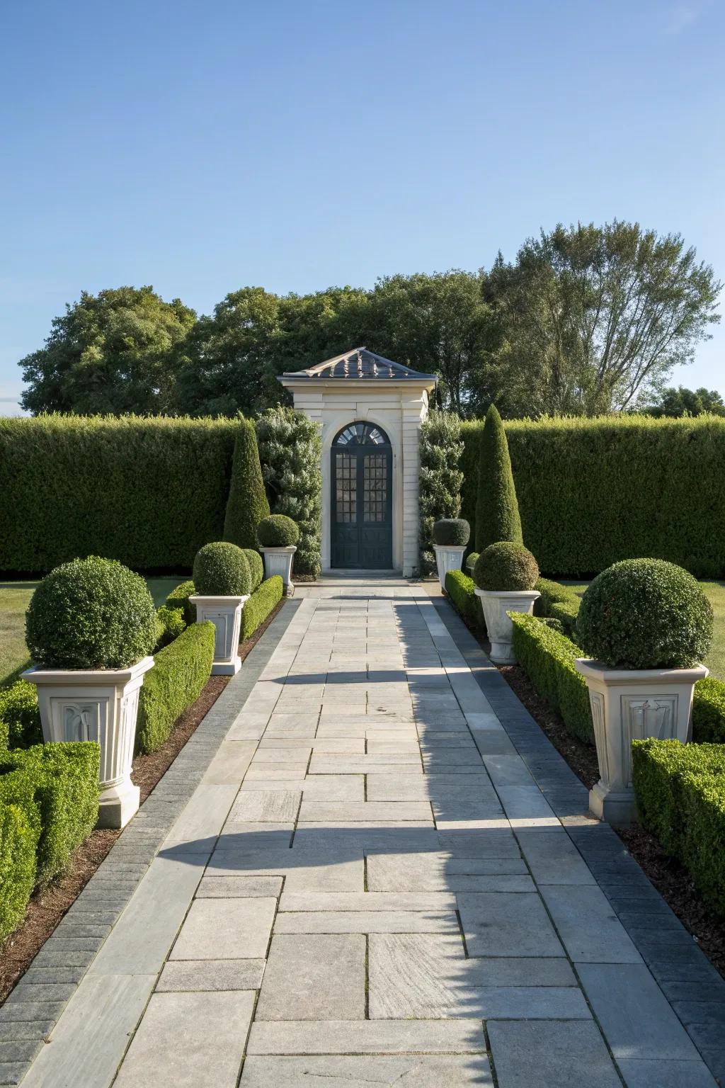 A symmetrical walkway aligning perfectly with the home's entrance.