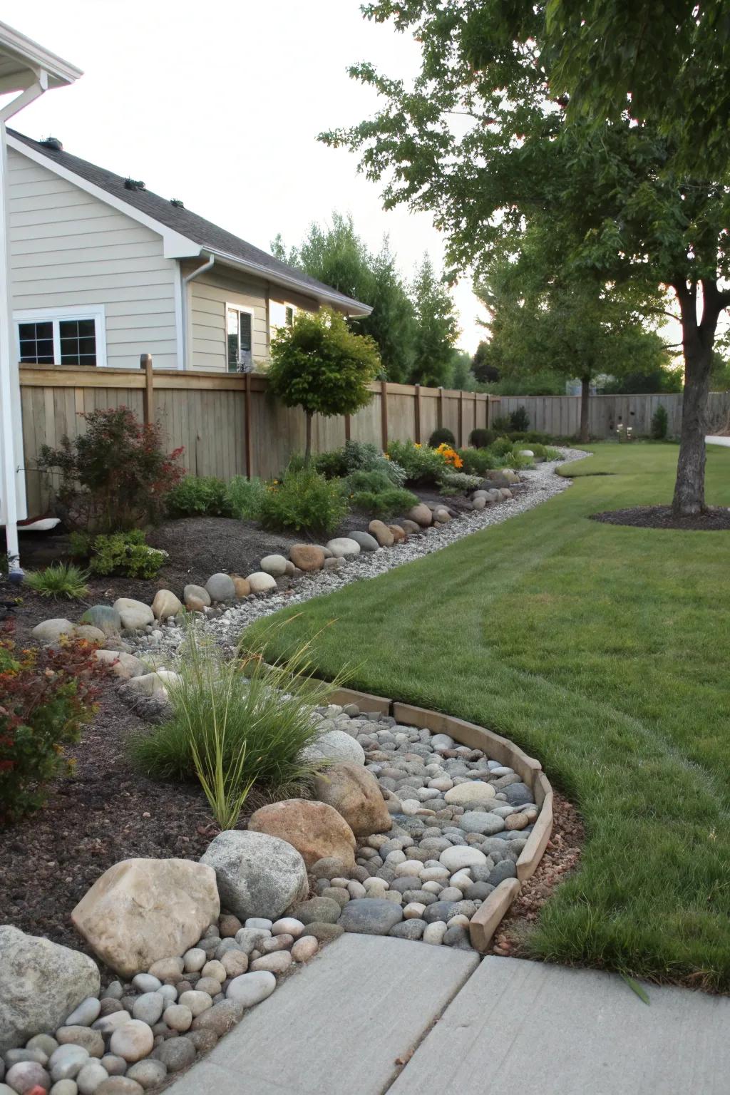 Defined edges in a front yard using rocks along pathways and plant beds.