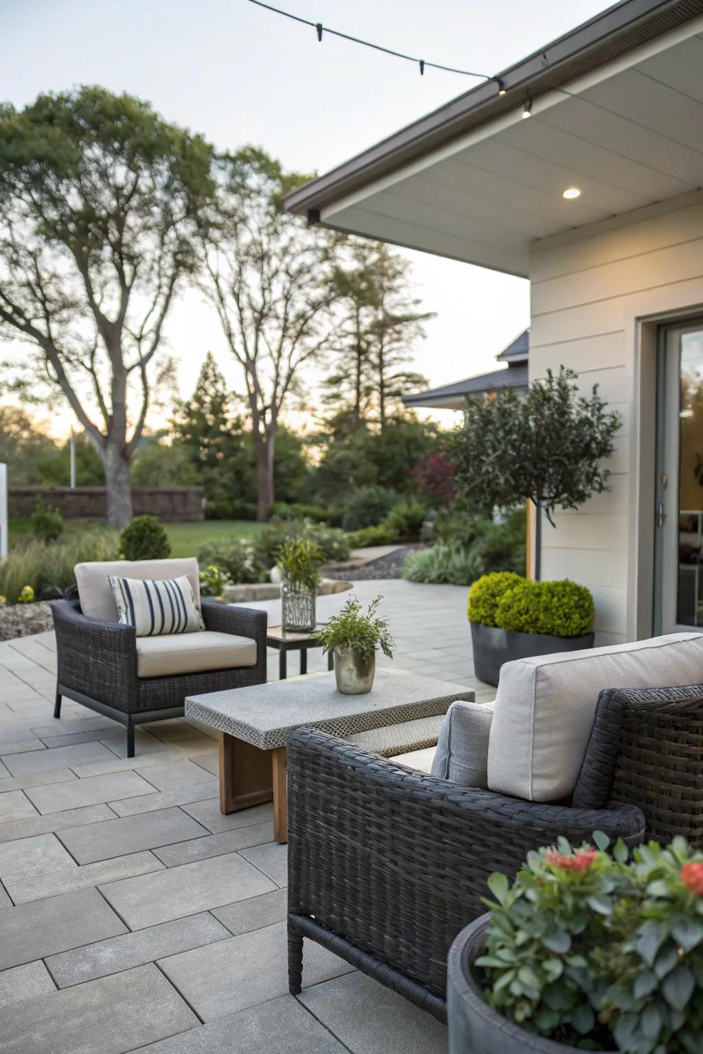 A cozy courtyard in the front yard offers a functional outdoor retreat.