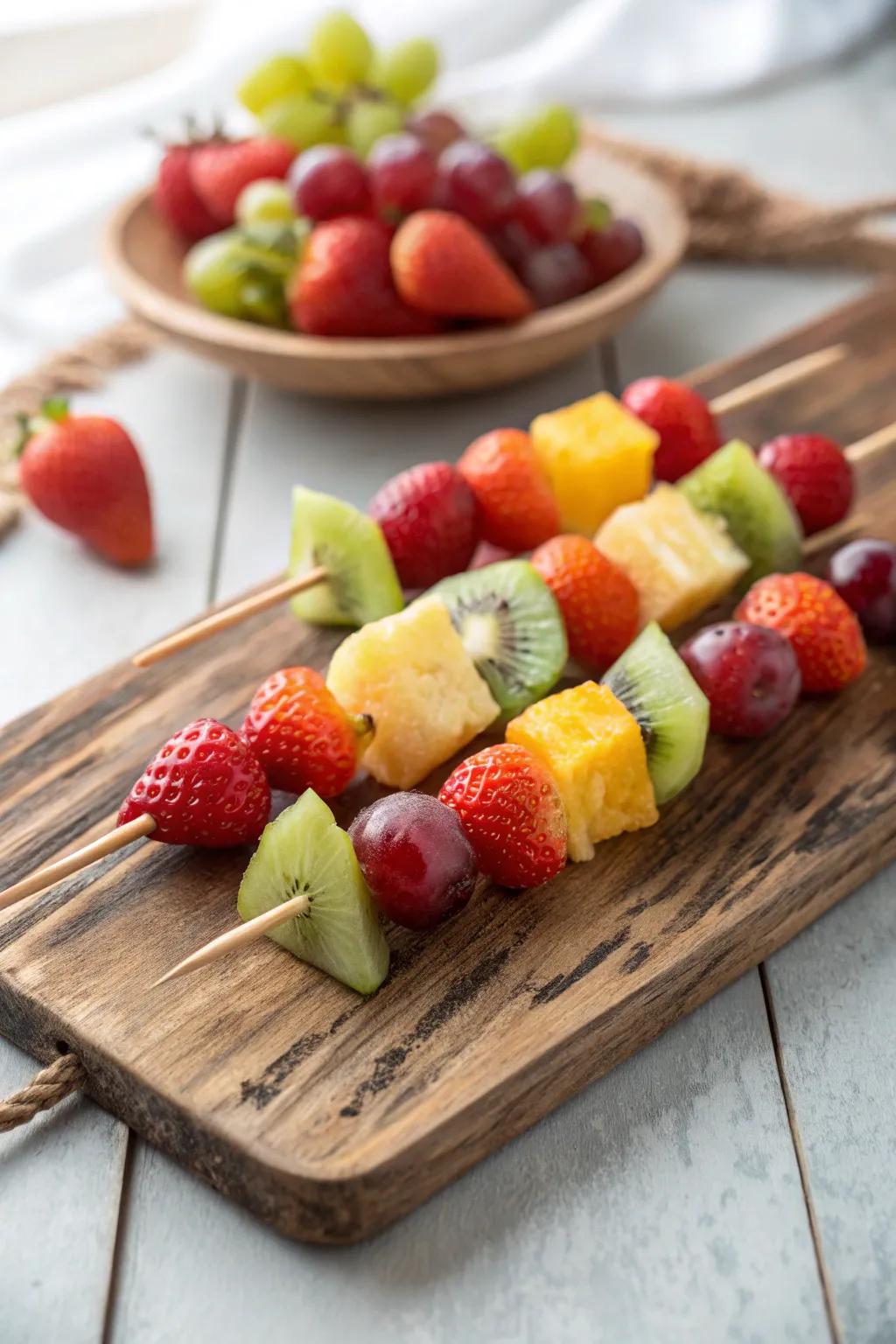 Fruit skewers offer a playful twist to traditional fruit salad.