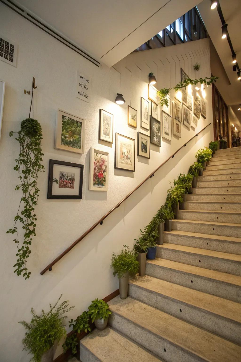 Greenery breathes life into the gallery wall.