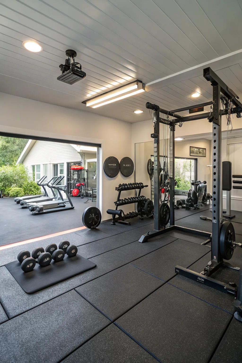 A fully equipped gym inside a garage.