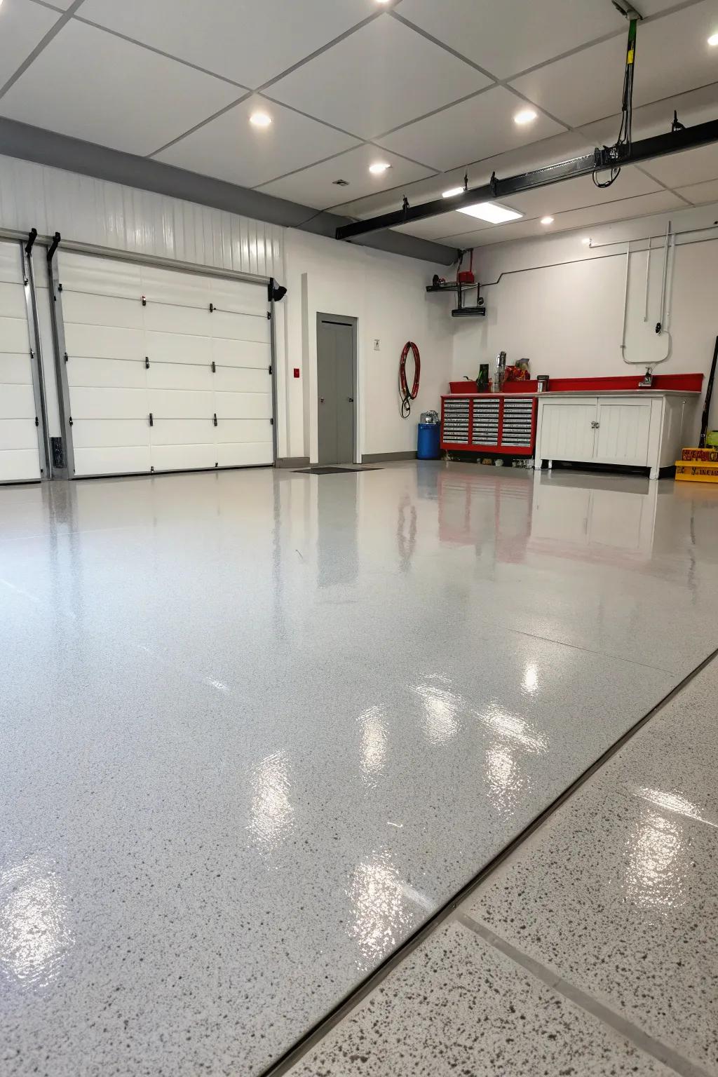 Sleek epoxy flooring enhances the garage's aesthetic.