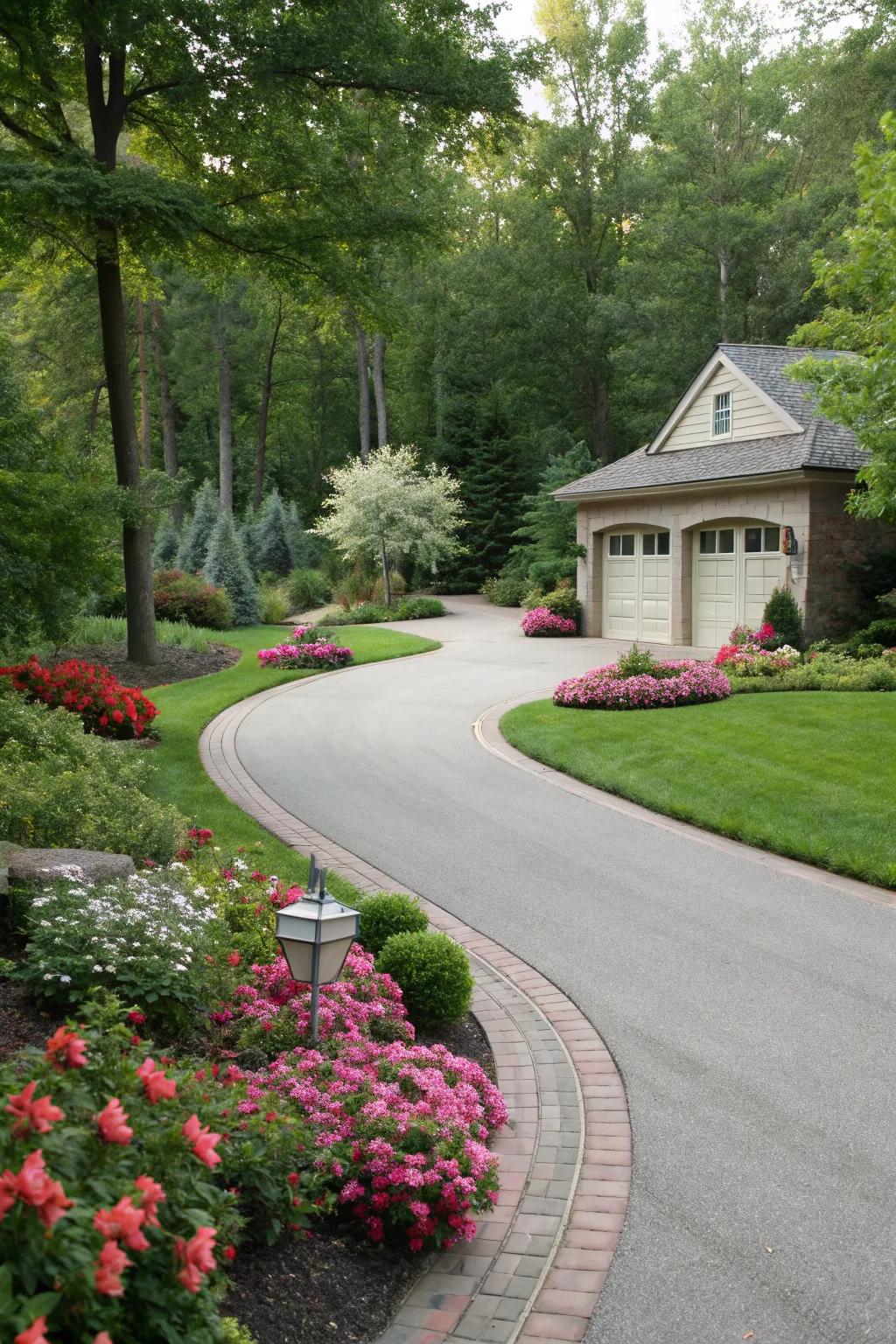 Curved driveway design that enhances the flow of the landscape.