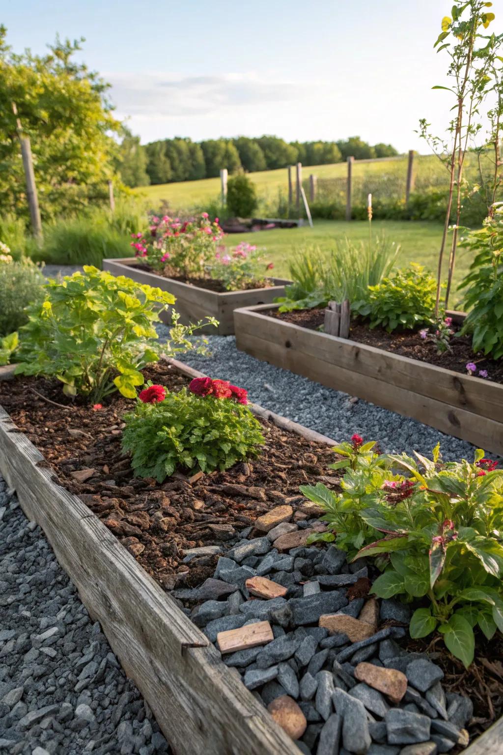 Enhance moisture retention in your garden with a mix of mulch and slate chippings.