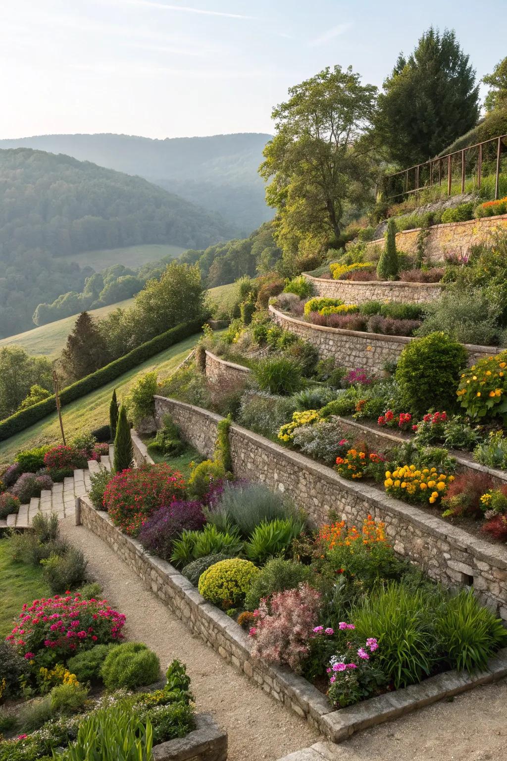 Terraced garden beds offer a layered, vibrant planting space.