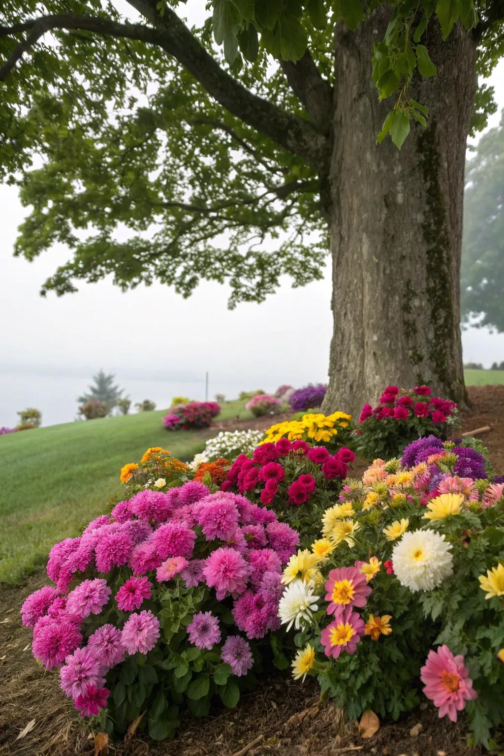 Vibrant flowers planted around a tree base.