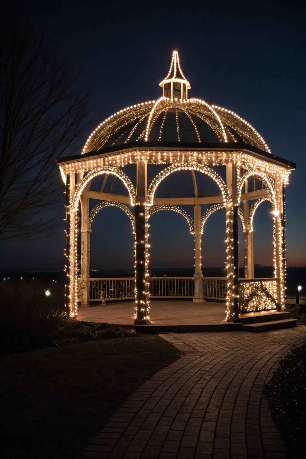 Rope lights outline the gazebo, enhancing its structure beautifully.