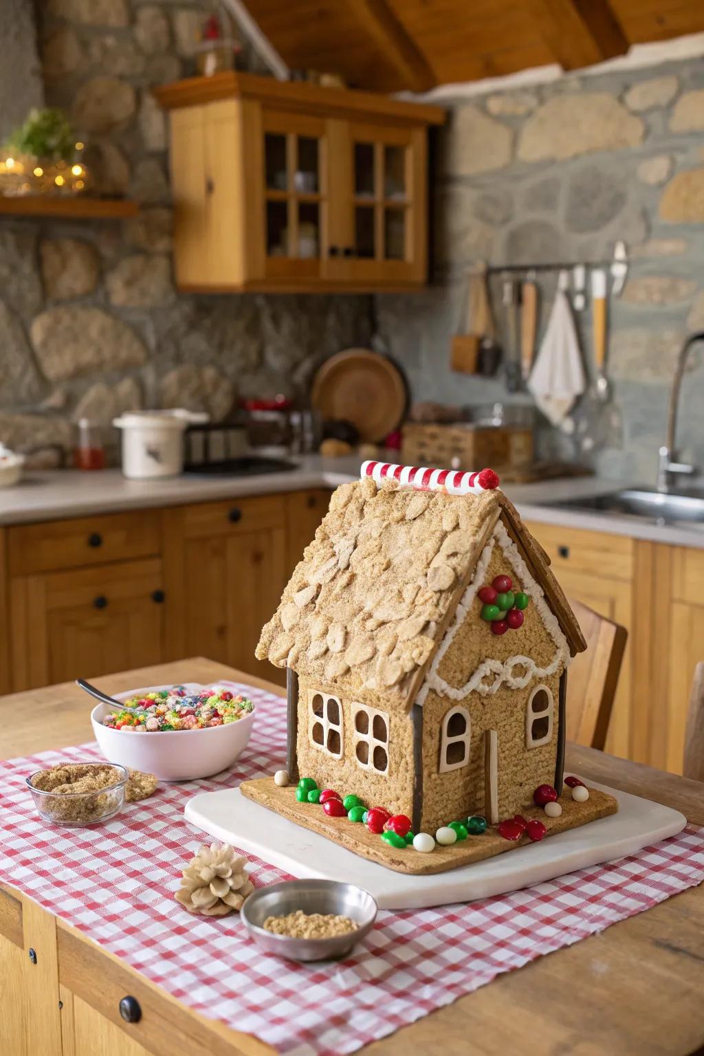 A cereal thatched roof on a gingerbread house.