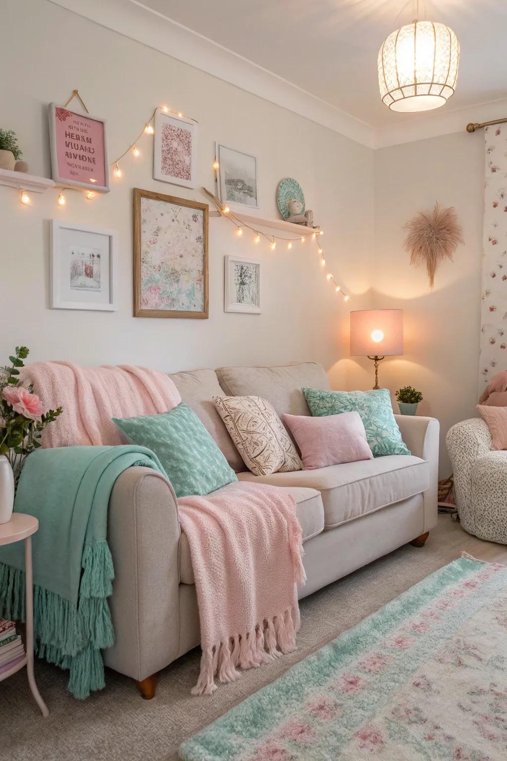 A serene living room featuring pastel accents for a soft look.