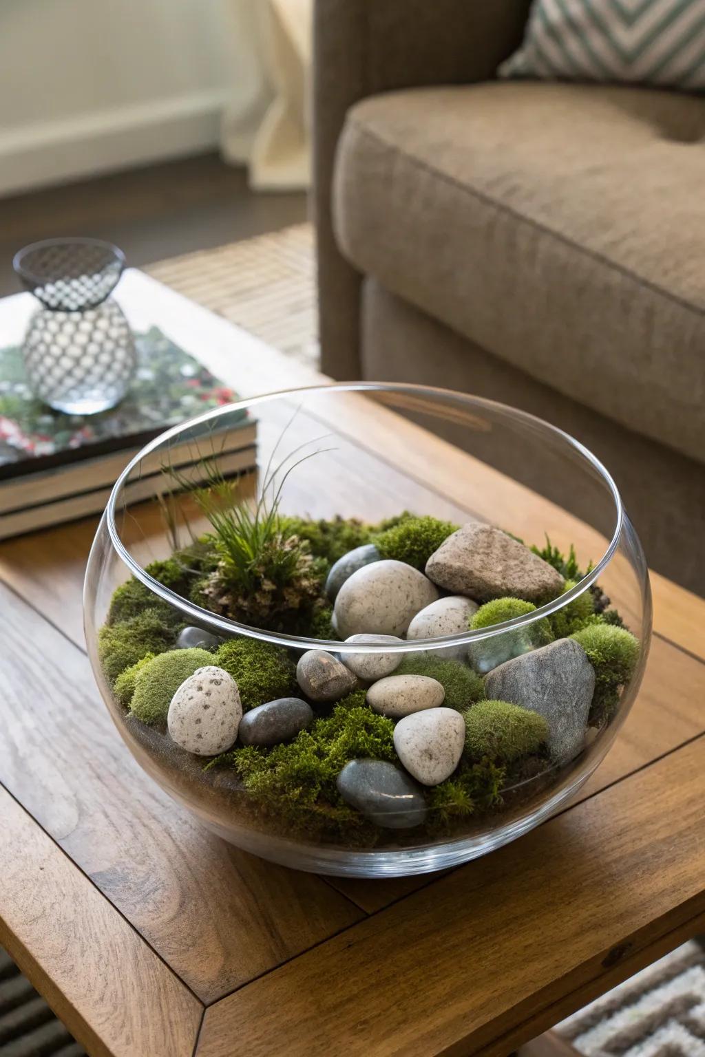 Pebbles and moss in a glass bowl create a natural, earthy centerpiece.