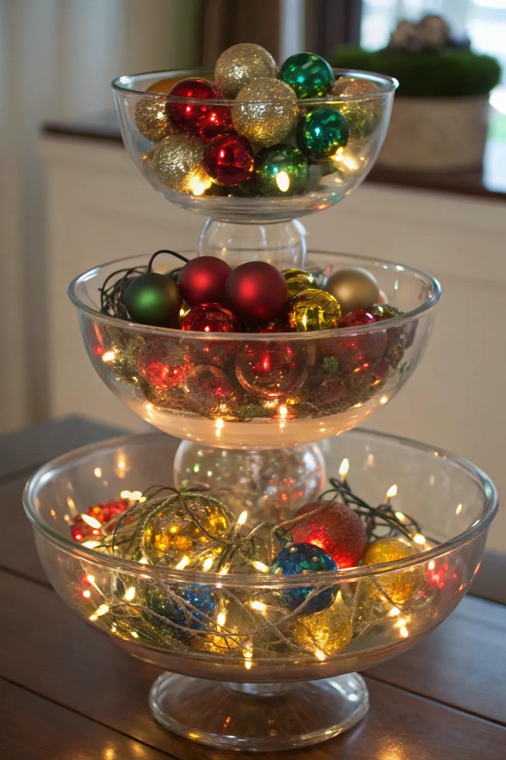 A stunning tiered display of glass bowls with Christmas decor.