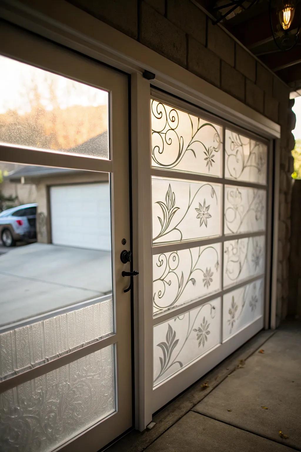 A stylish garage door with frosted glass for privacy.