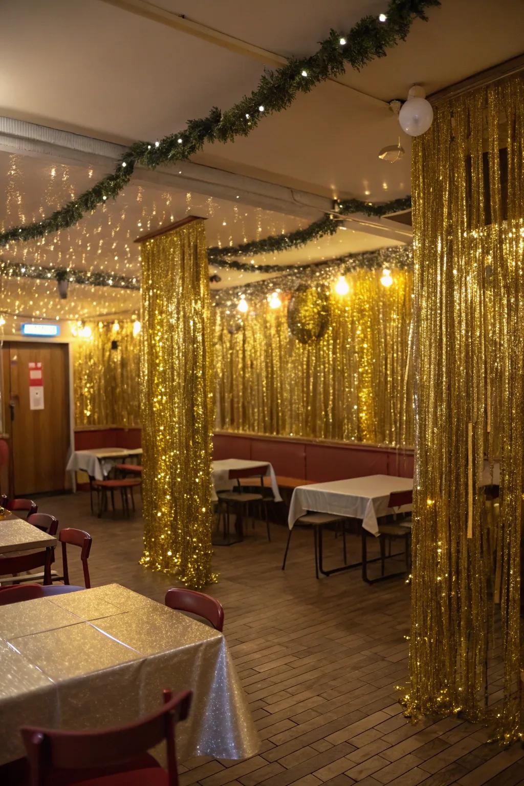 Gold tinsel brings a festive energy to any party space.