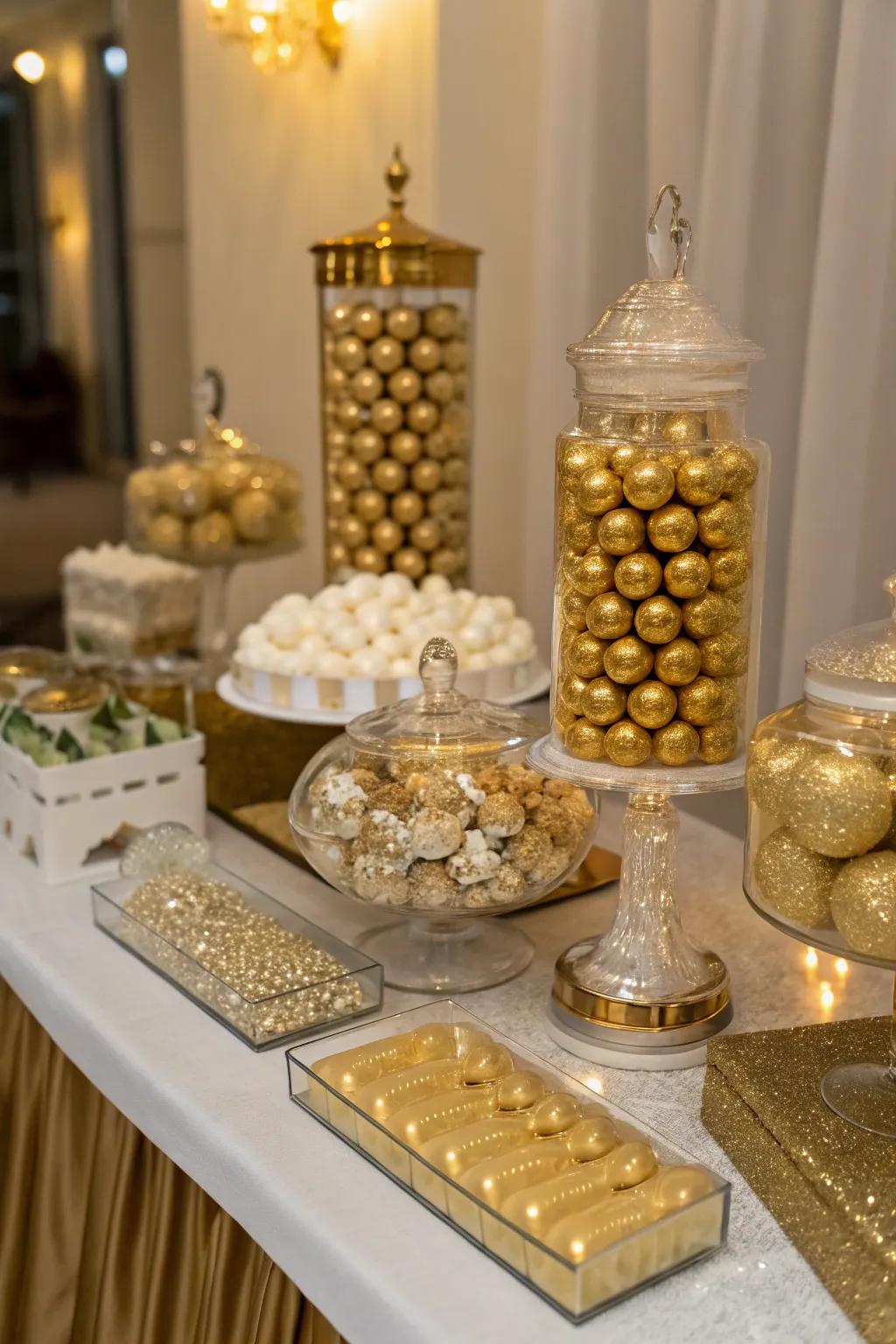 Gold accents elevate your candy table to a new level of sophistication.