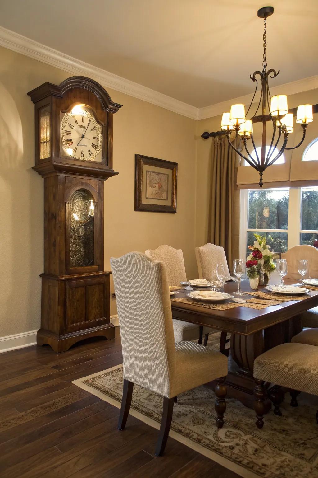 A grandfather clock adds a sophisticated touch to a dining room.