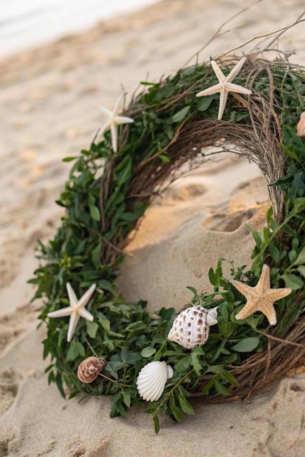 A coastal-themed grapevine wreath with seashells.