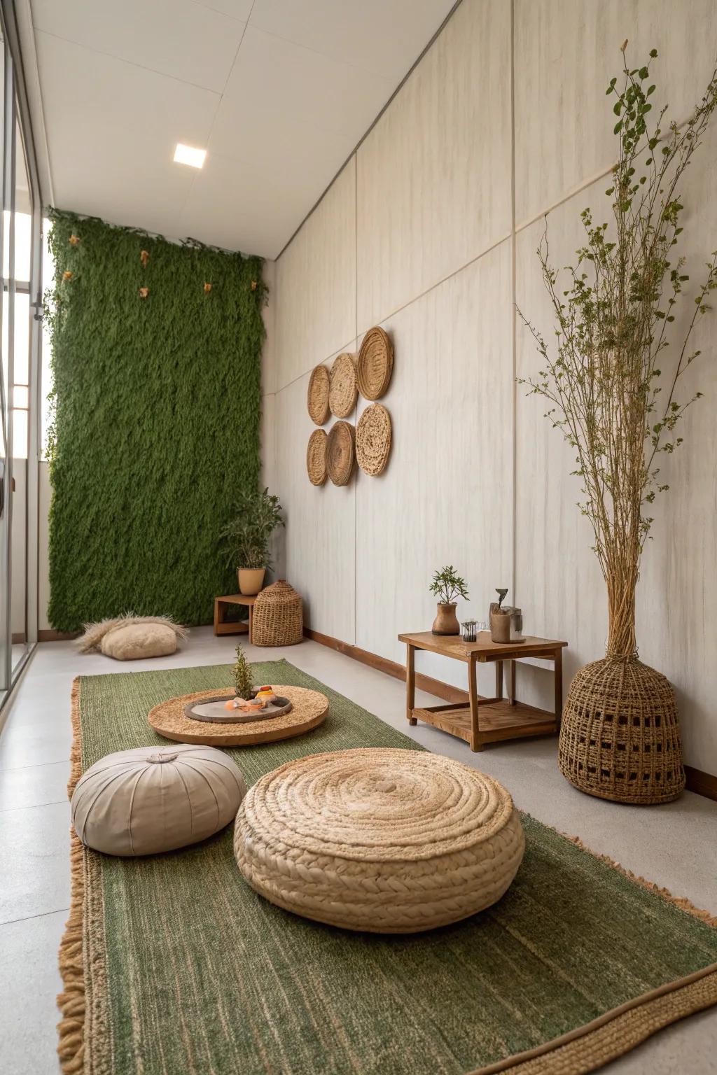 A minimalist room features a grass wall, creating a serene and calming atmosphere.