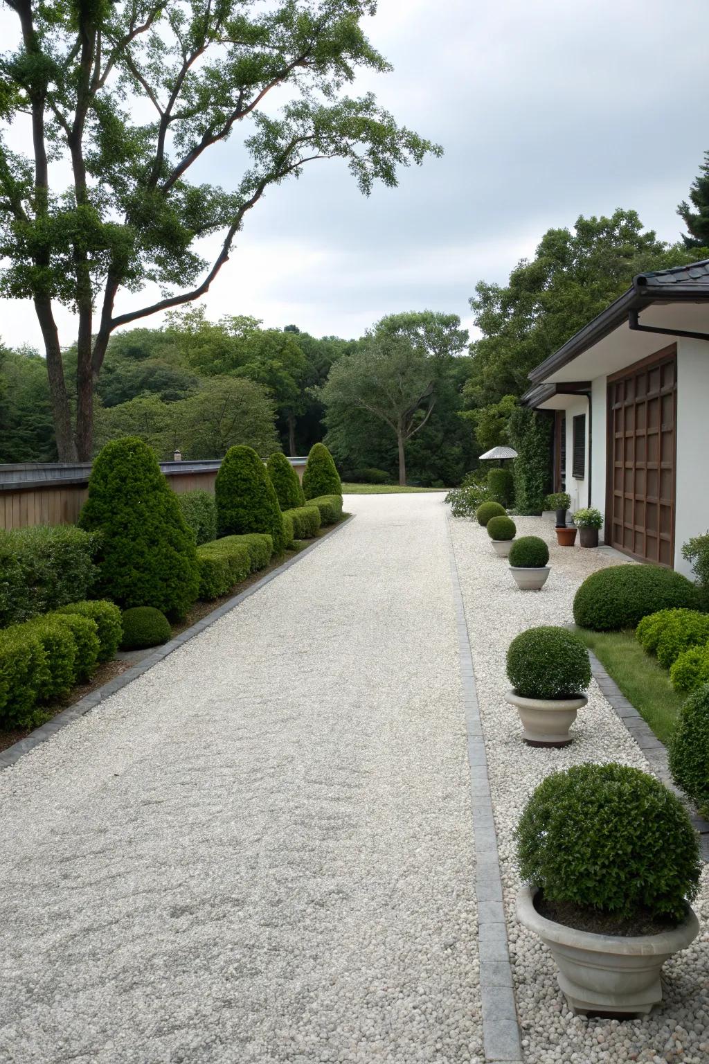 A Zen-inspired gravel driveway for a tranquil and calming entrance.