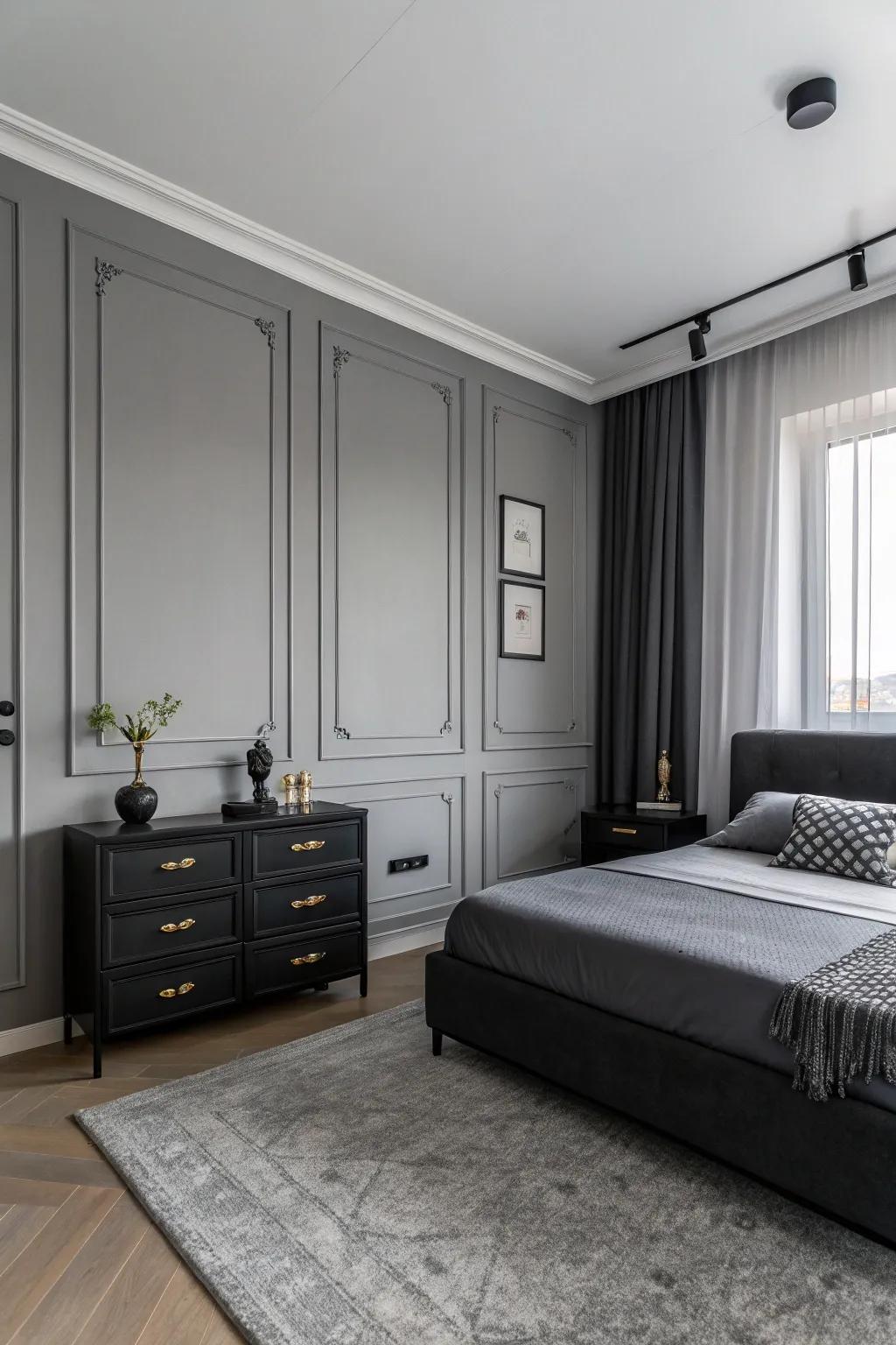 A minimalist gray bedroom with bold black accents.