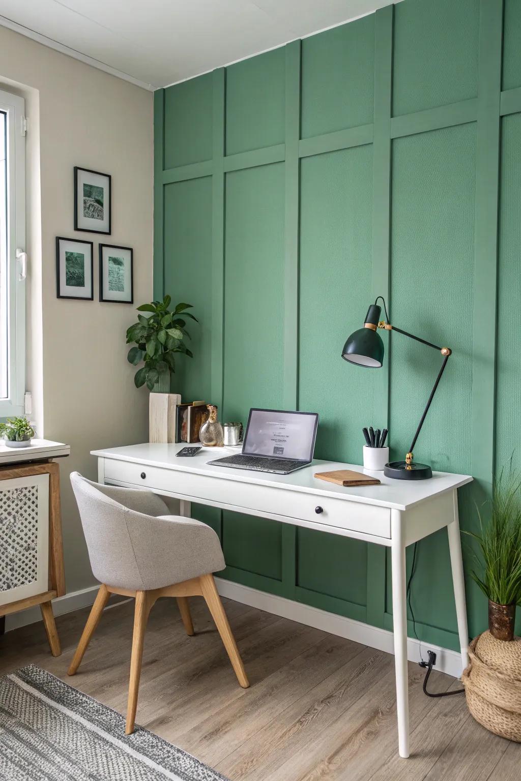 A green accent wall that fosters focus and creativity in the home office.