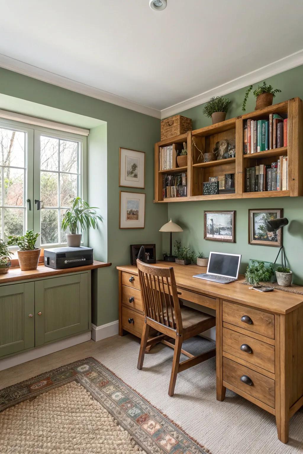 A home office featuring calming earth tones.