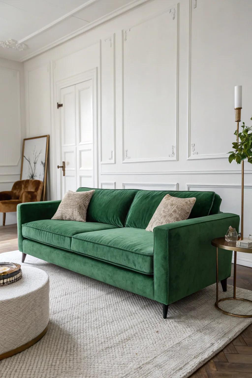 A minimalist living room with a green velvet couch as the focal point.