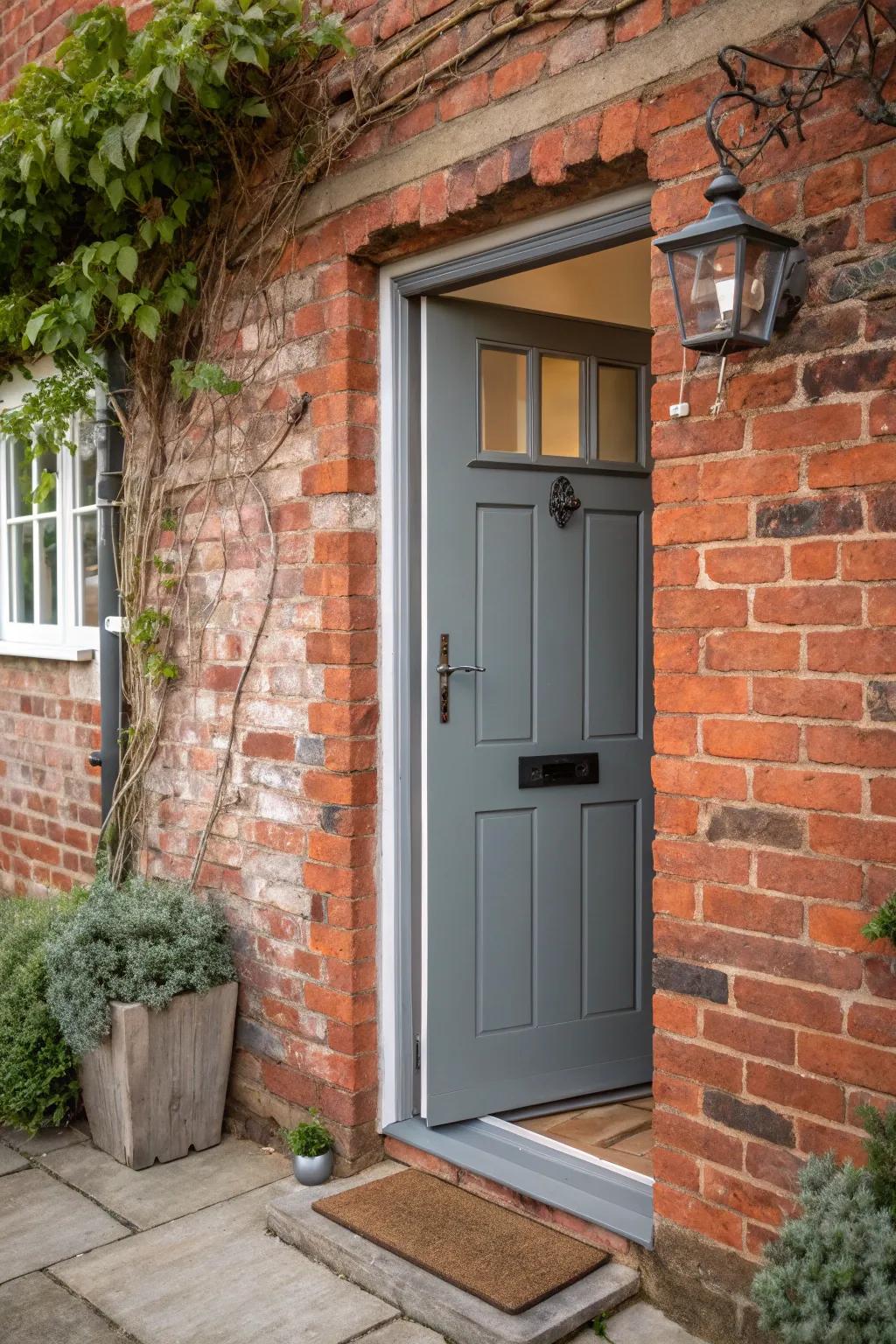 The contrast between the grey door and brick creates a compelling visual impact.