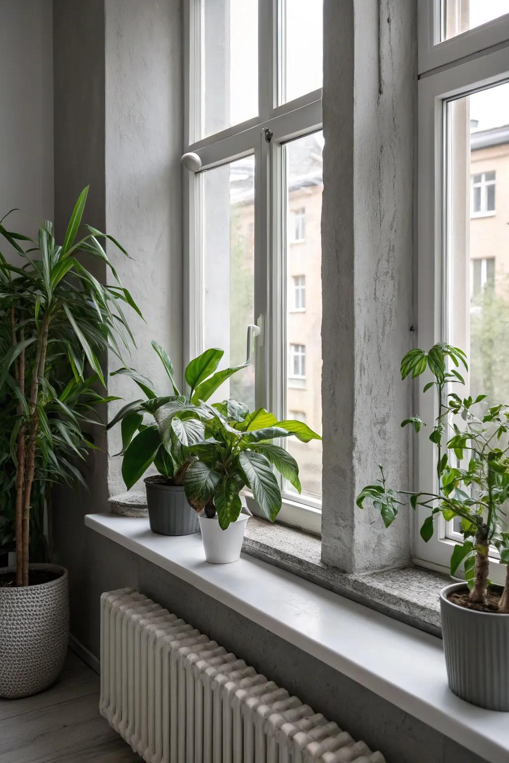 Greenery breathes life into this elegant grey room.