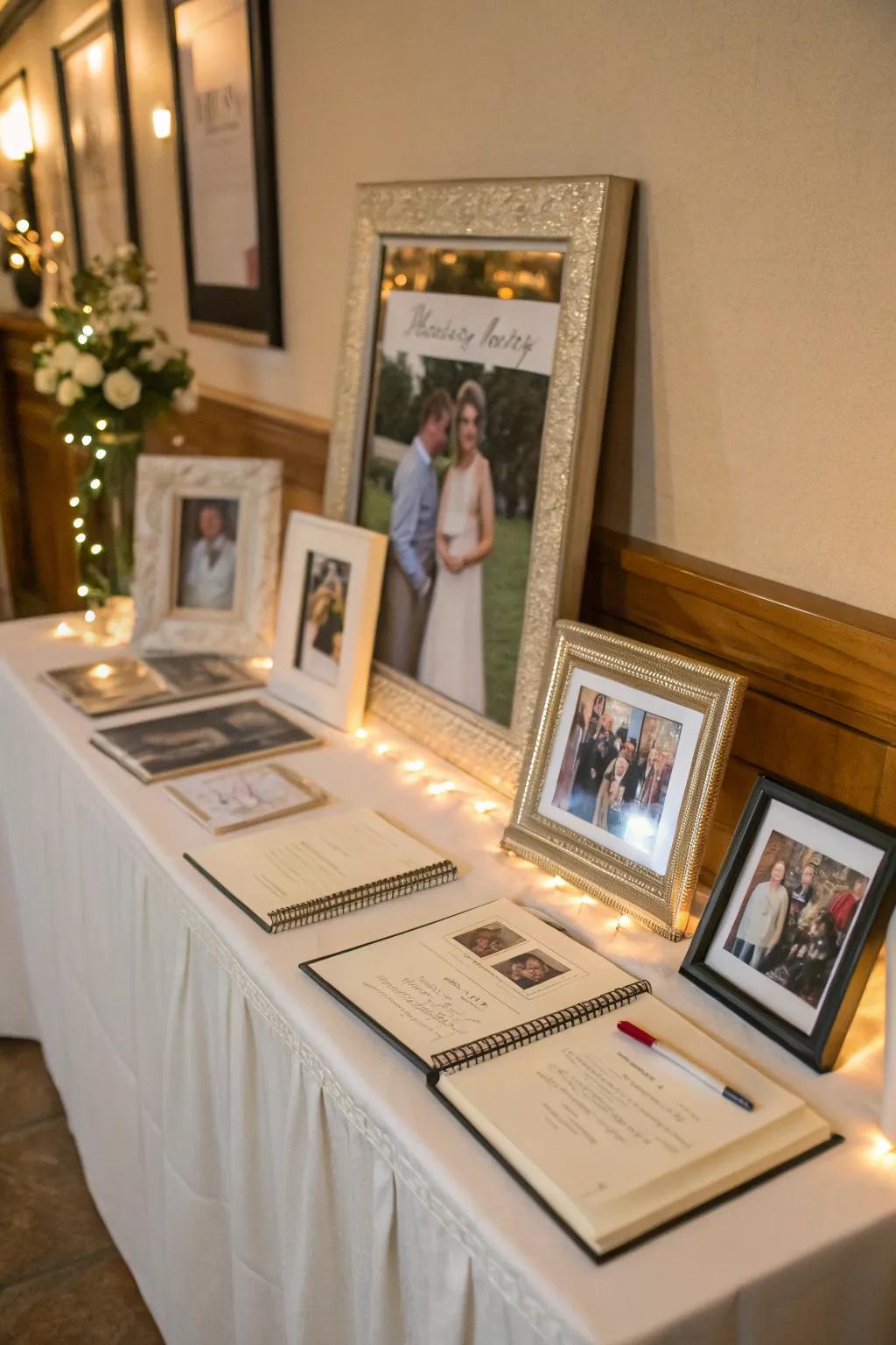 A photo display adds a personal touch to the guest book table.