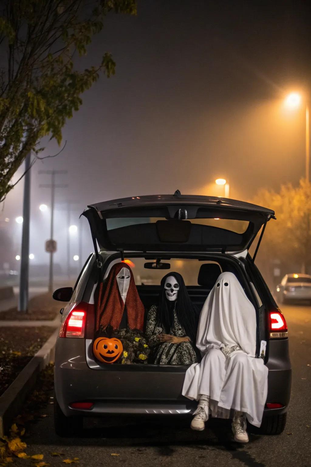 Costumed figures bring a lively Halloween spirit to your car.