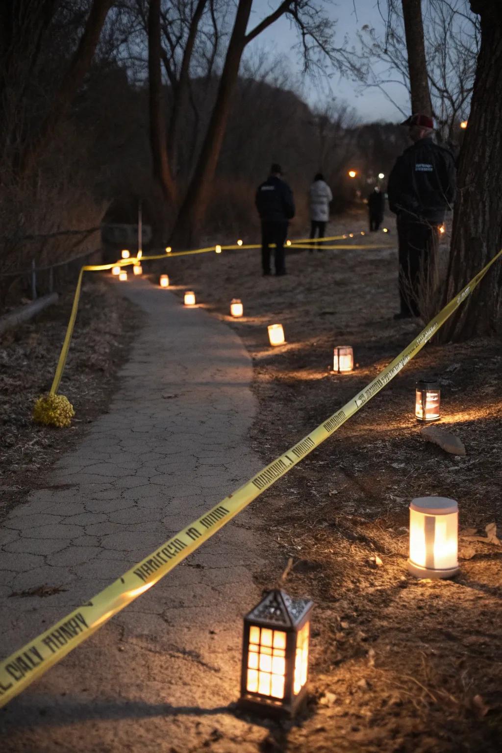 A spooky pathway marked with caution tape.