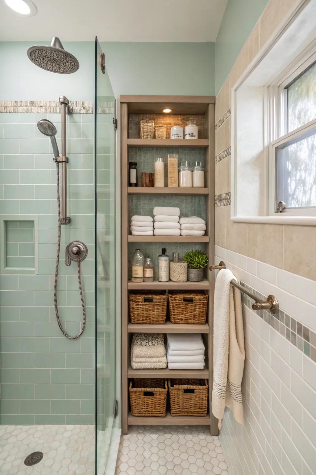 Combine practicality and style with built-in shelving and a hand shower.