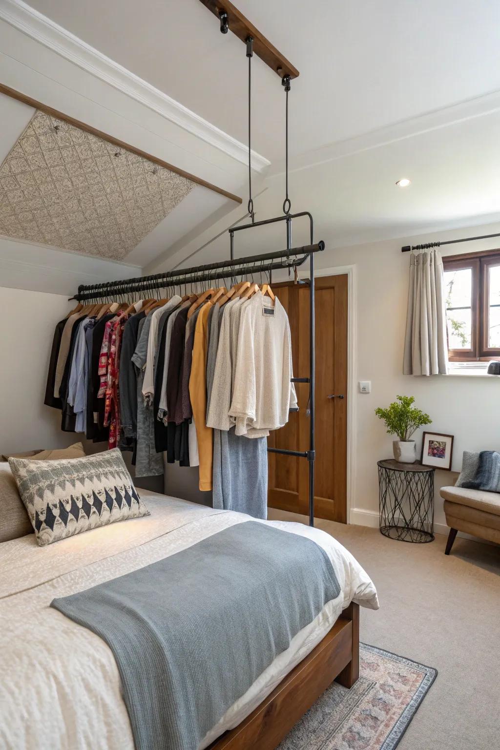 Elevate your wardrobe with a ceiling-mounted clothing rack.