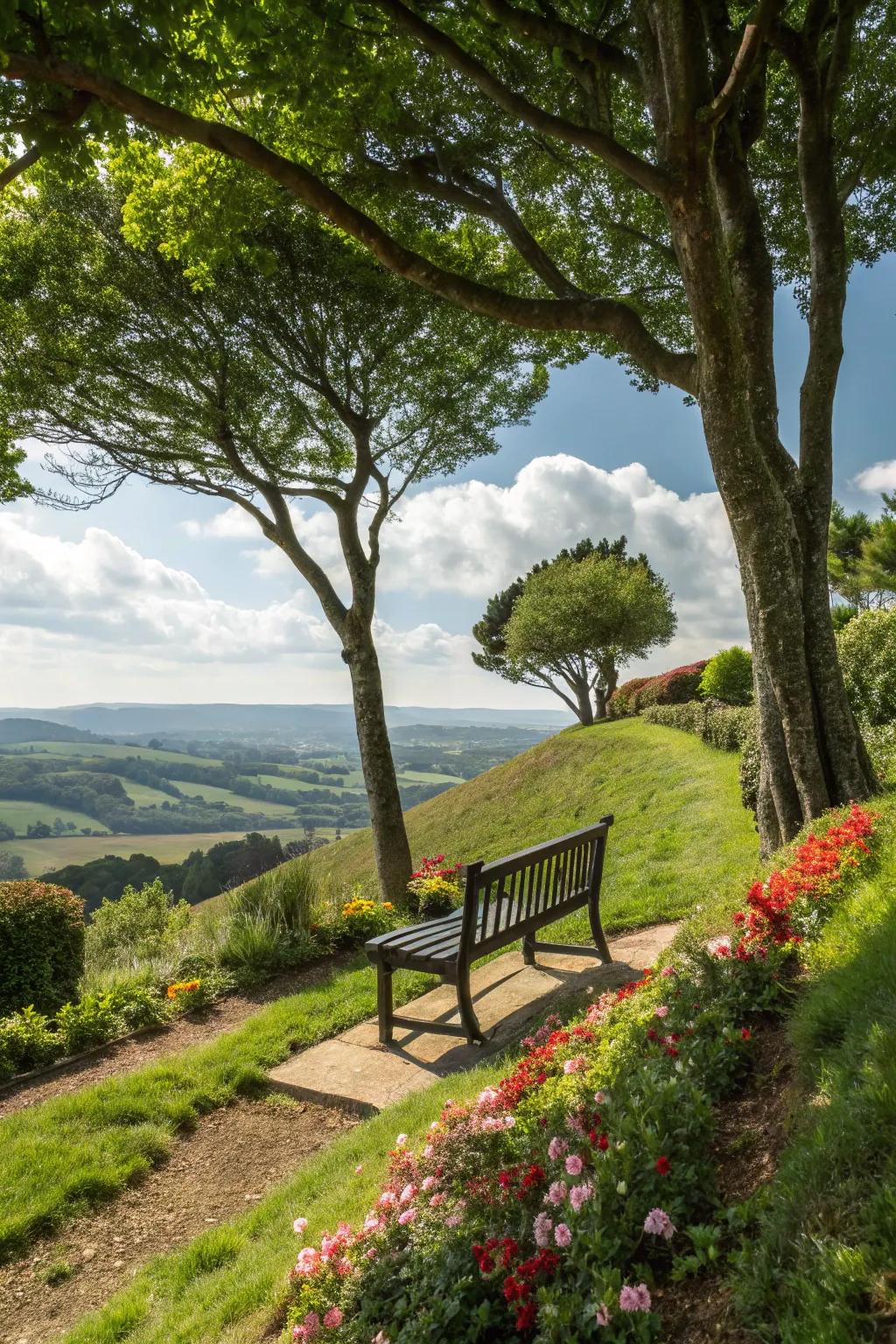 Functional spaces like a cozy sitting area enhance hillside gardens.