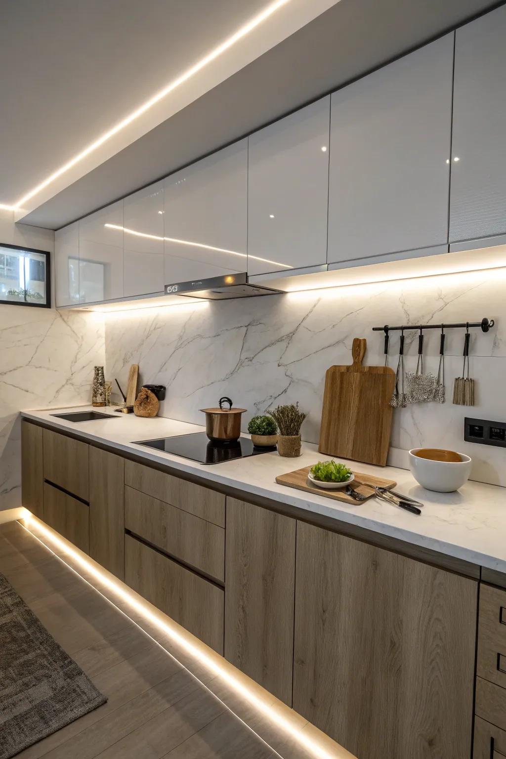 Under-cabinet LED strips brighten kitchen counters.