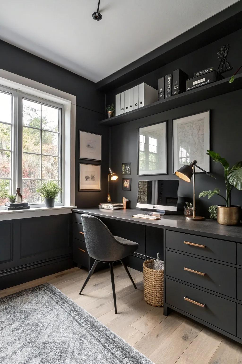 Charcoal walls bring a luxurious and sophisticated feel to this home office.