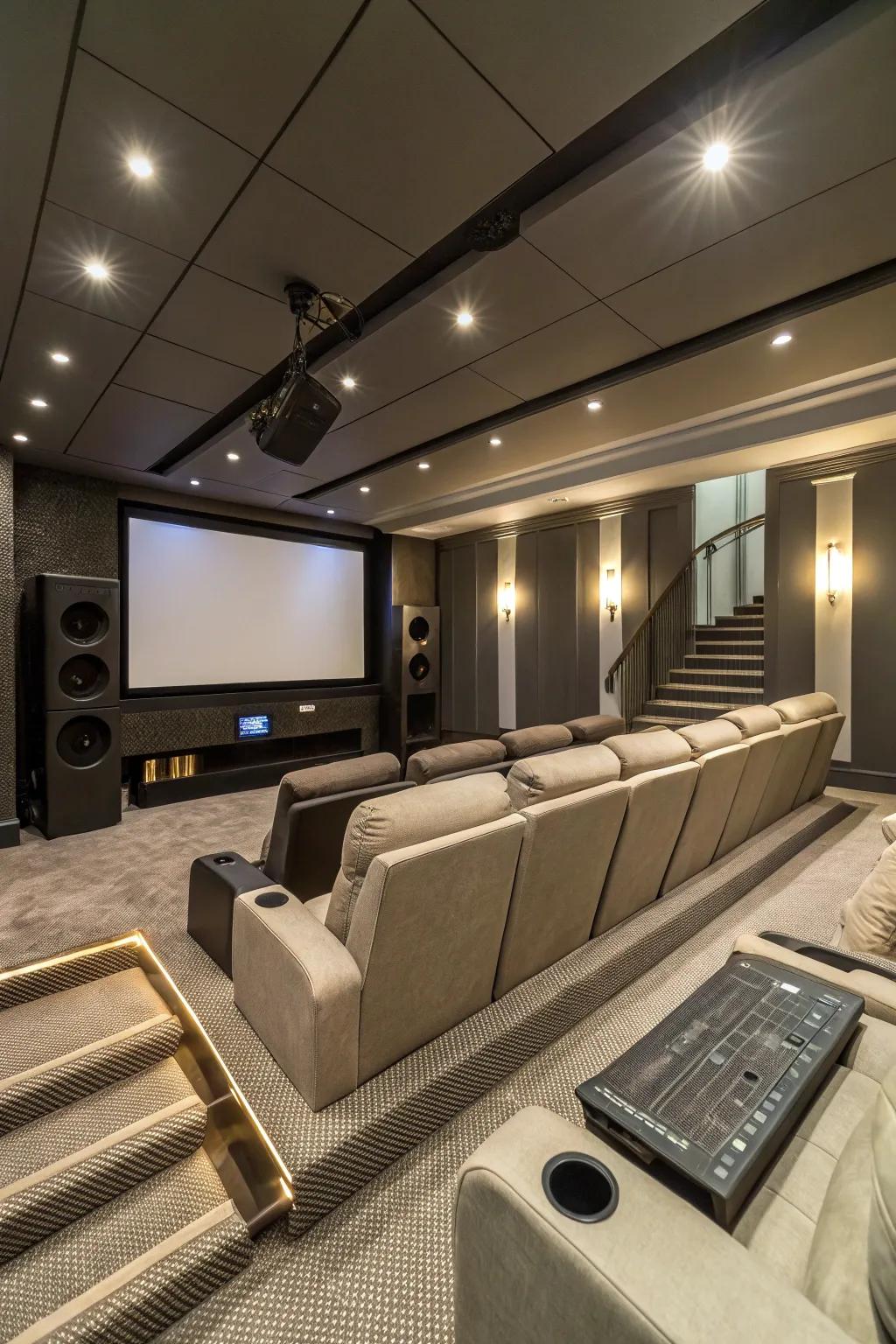 Integrated sound systems for a sleek and immersive theater setup.