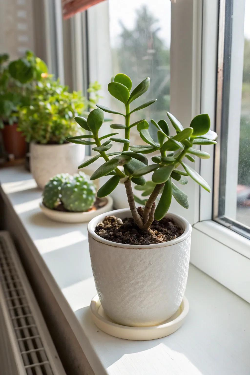 A Jade plant basking in sunlight, symbolizing good luck.