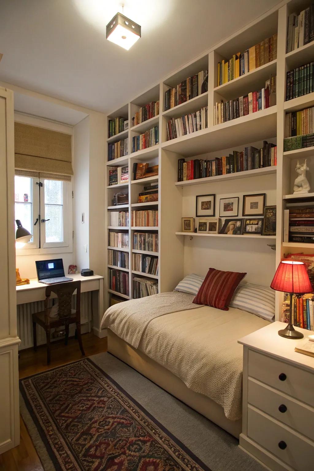 Tall bookshelves in a small bedroom provide ample vertical storage space.