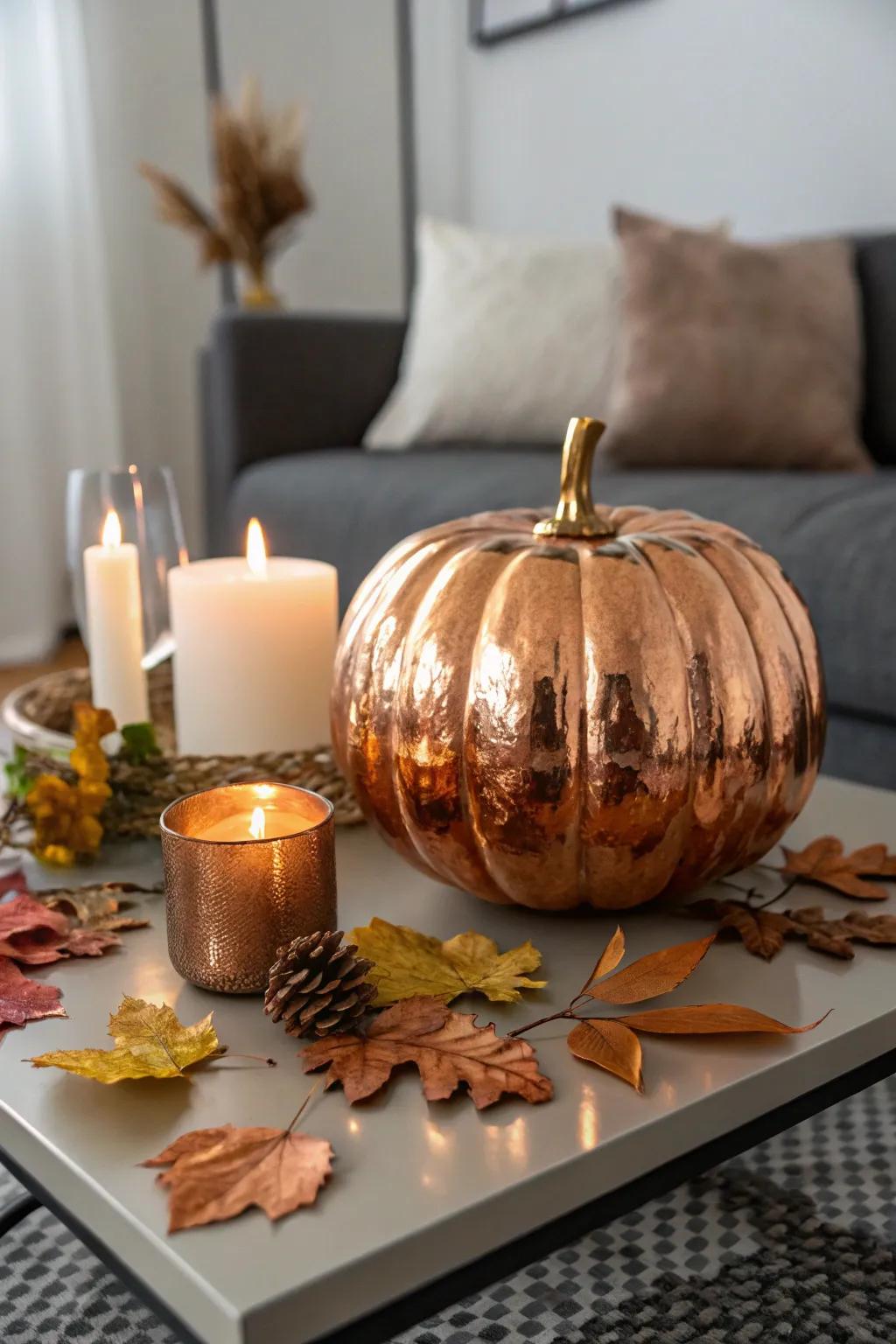 A metallic pumpkin that shines with contemporary elegance.