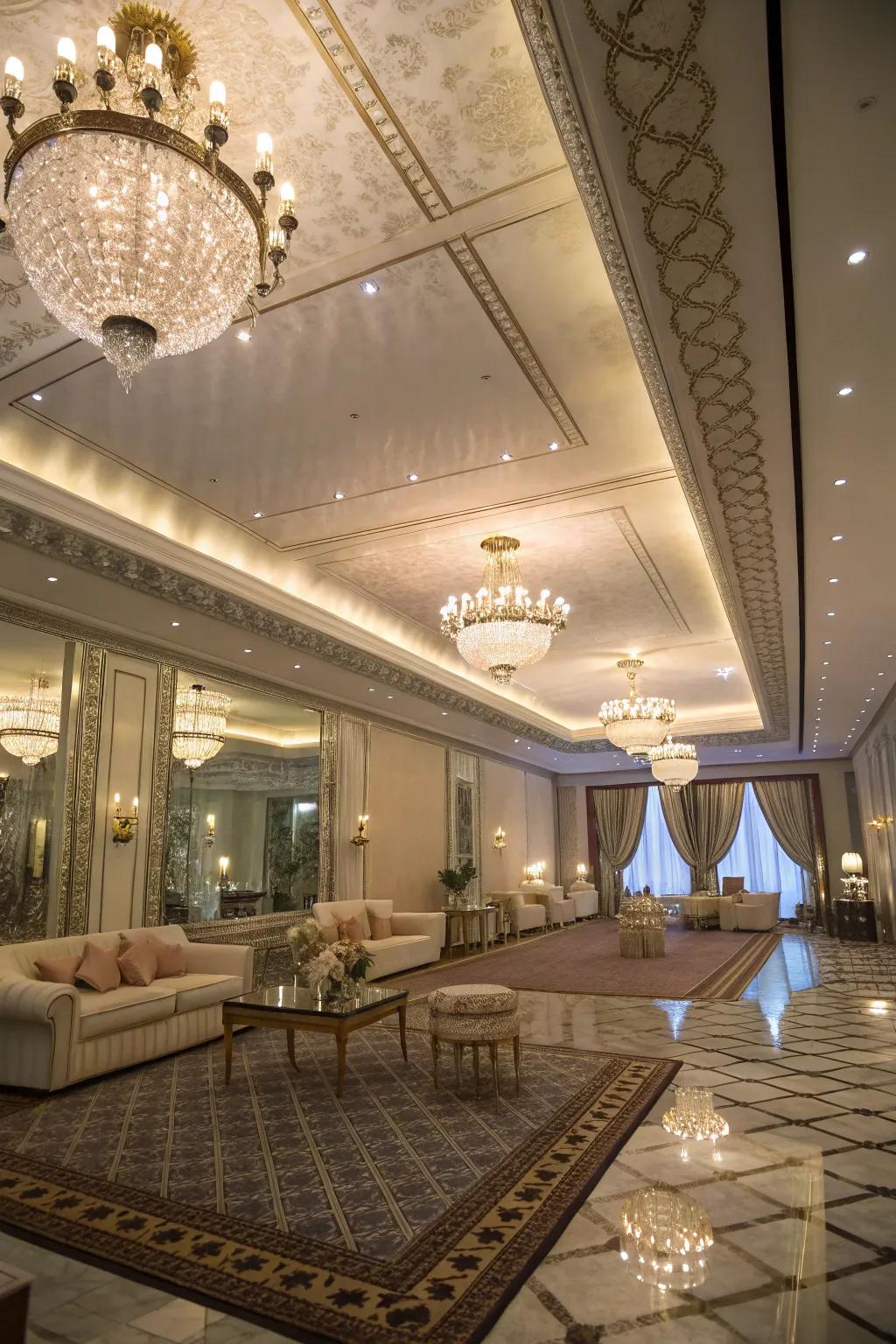 A luxurious room featuring a mirrored ceiling that reflects light beautifully.