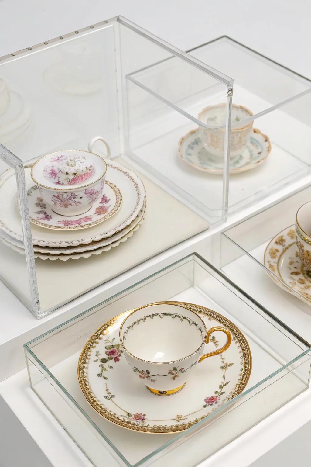 Transparent boxes showcasing individual china pieces as standalone artworks.