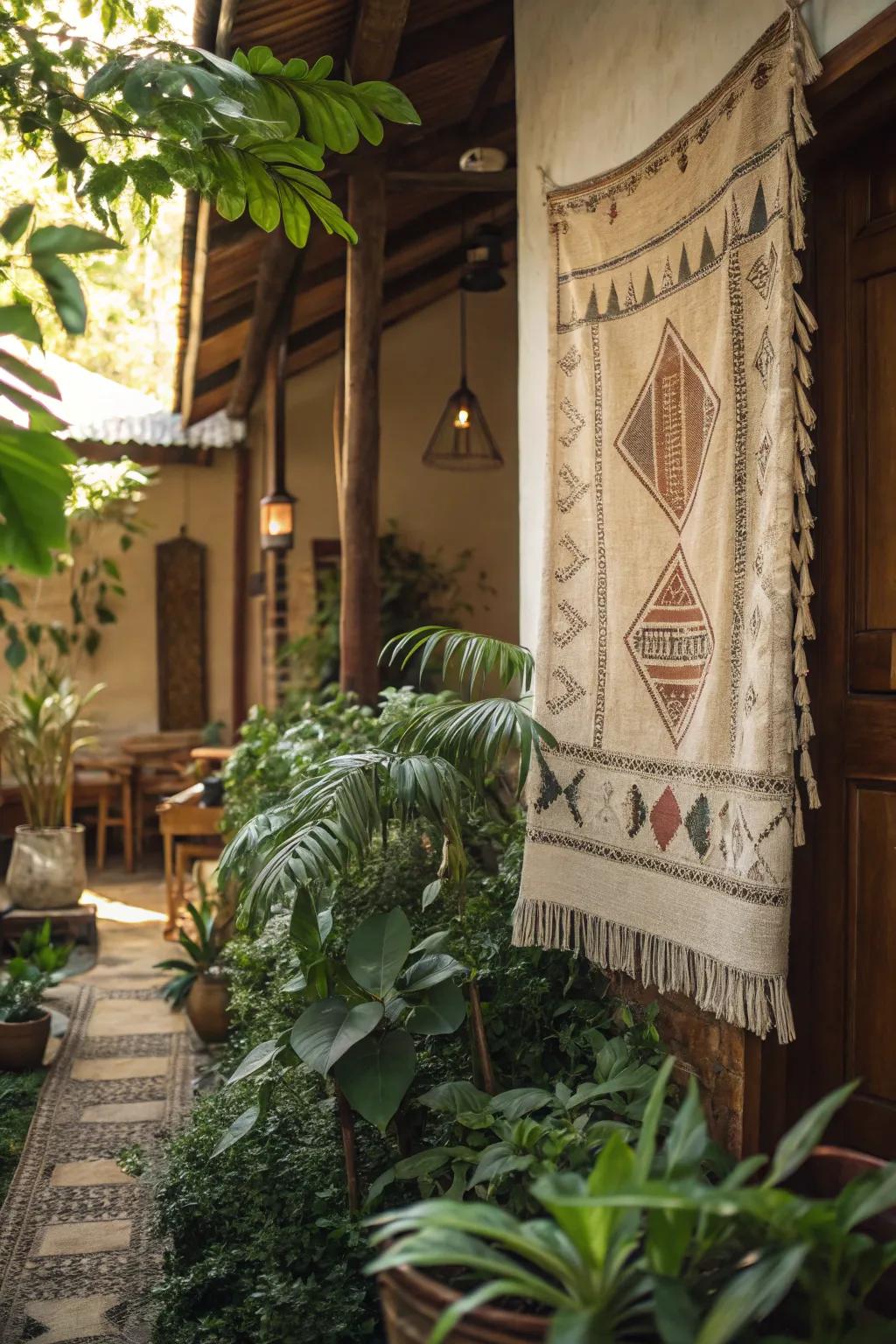 Plants and tapestries together create an inviting atmosphere.